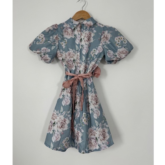 Peppermint Floral Dress Kids Size 6-7Y Blue Pink Vintage Puff Sleeve Bow Sash - Picture 2 of 7